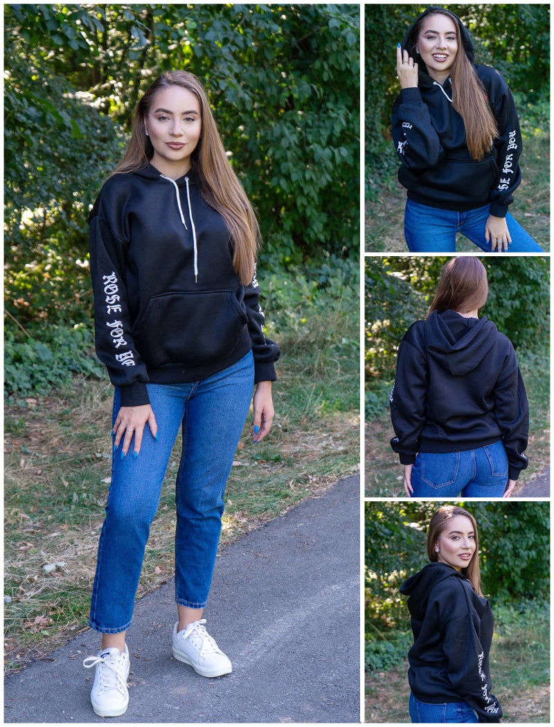 ZAFUL Men's Fleece Hoodie Unisex Rose Letter Print Hooded Pullover Kangaroo Pocket Sweatshirt Black M - Image 4